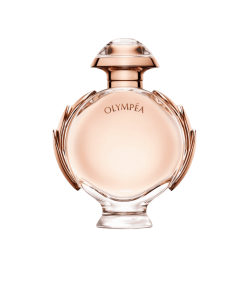 Olympea Eau de Parfum bottle by Paco Rabanne, displayed with a luxurious gold theme.