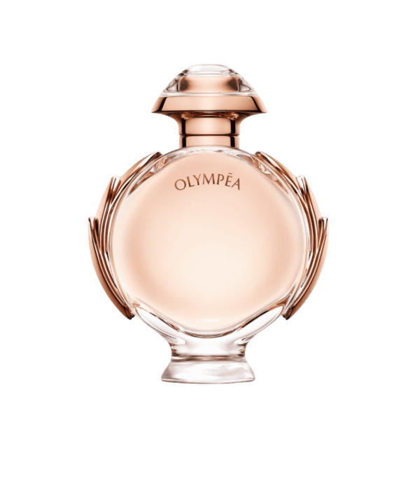 Olympea Eau de Parfum bottle by Paco Rabanne, displayed with a luxurious gold theme.